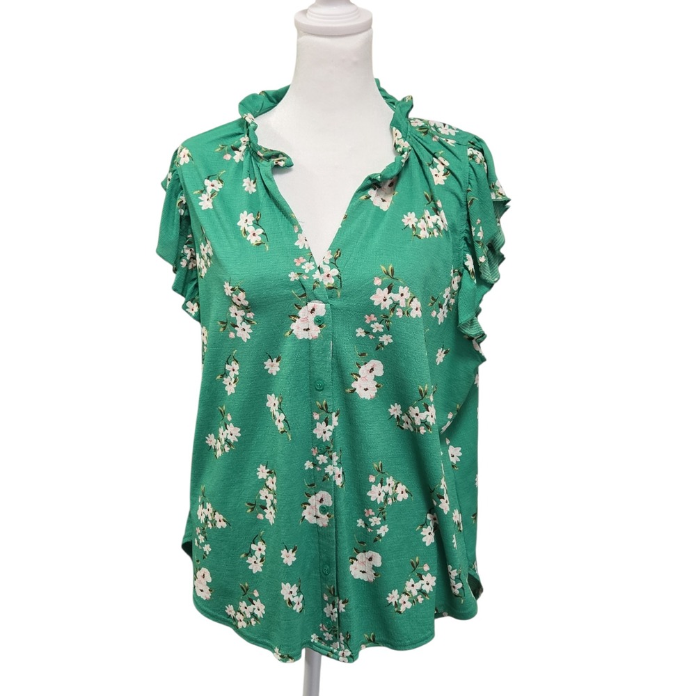 MELLODAY Green Floral Ruffle Sleeve V Neck Button Front Blouse Women's XL Spring